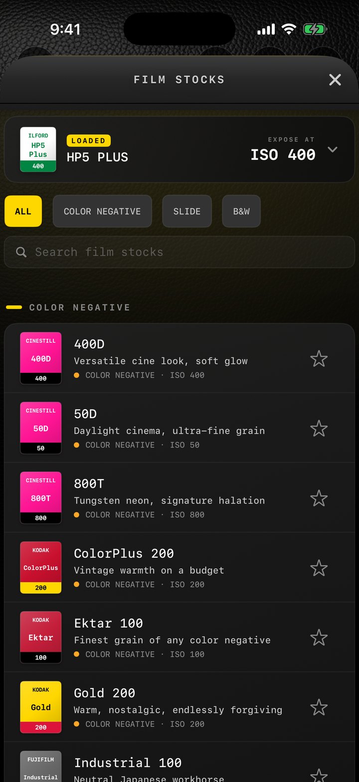 GlassMeter film store — 30 film stocks