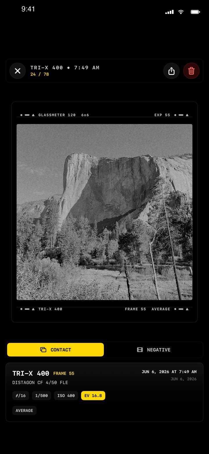 GlassMeter loupe — El Capitan on Tri-X 400 with full exposure record