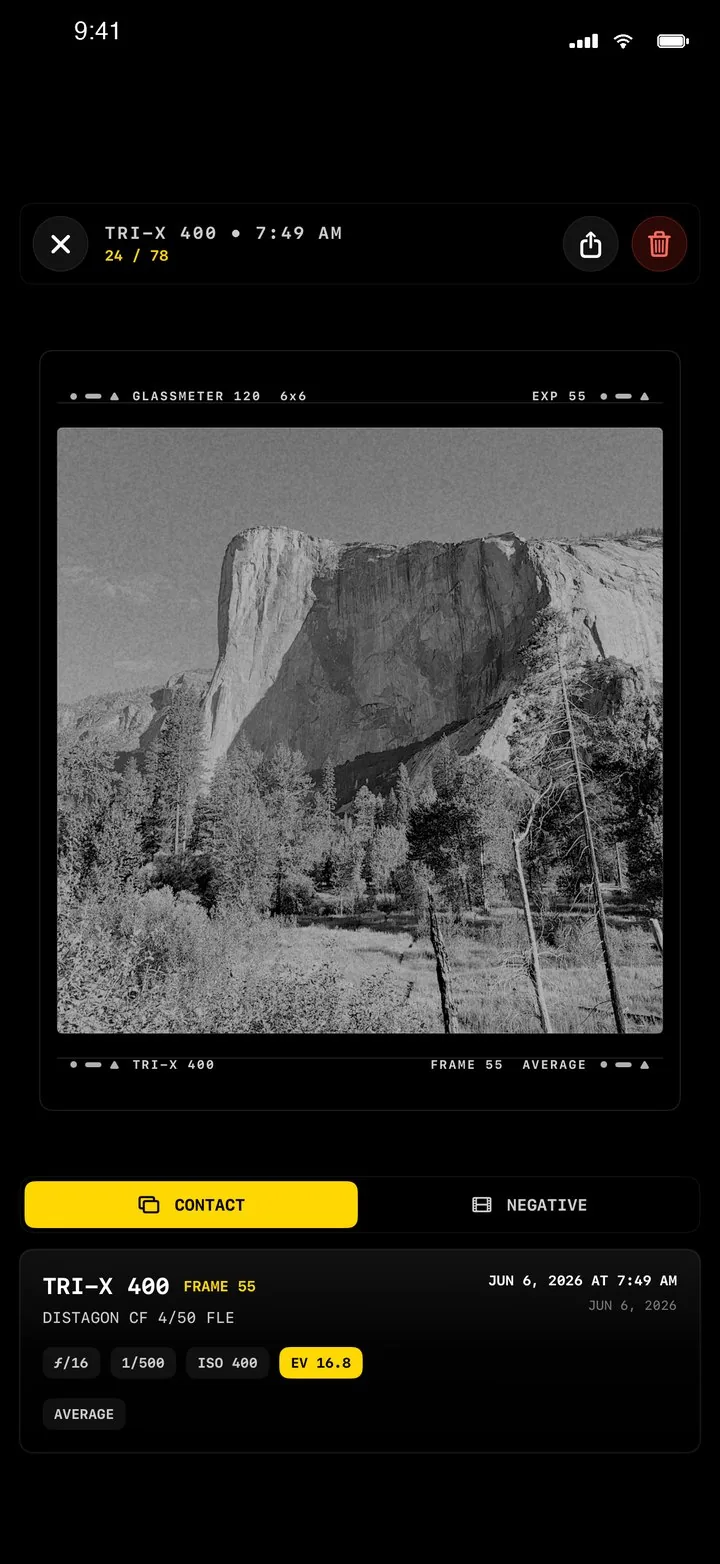 GlassMeter loupe — El Capitan on Tri-X 400 with full exposure record