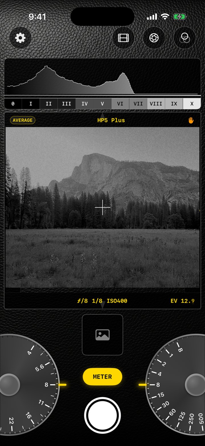 GlassMeter metering screen — HP5 Plus loaded, Half Dome in the finder