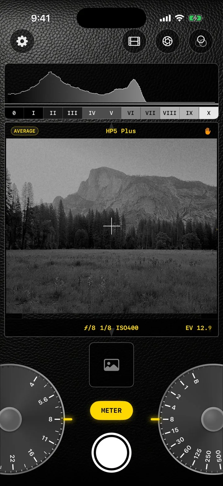 GlassMeter metering screen — HP5 Plus loaded, Half Dome in the finder