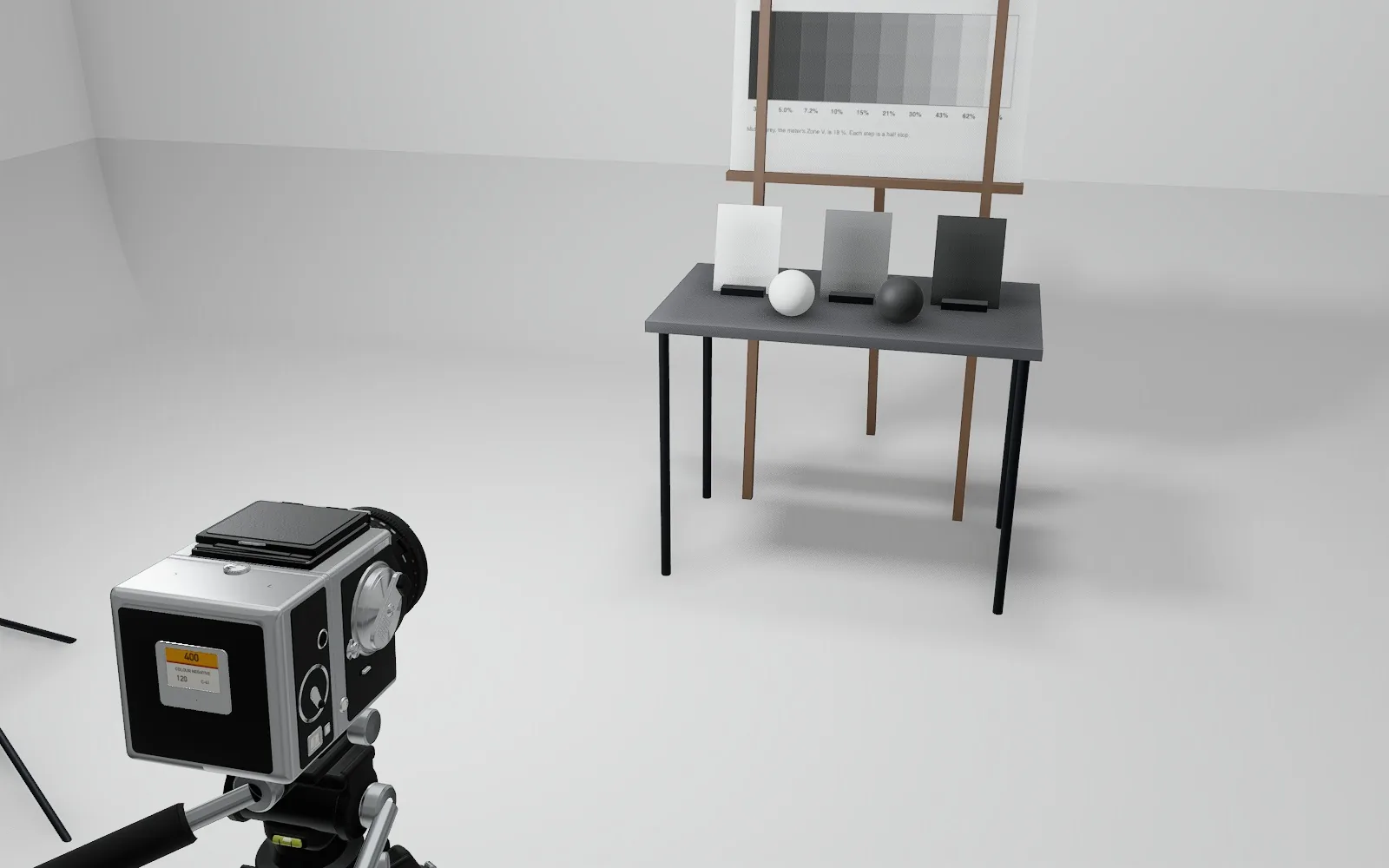 A medium-format film camera on a tripod in a white room, a grey-scale chart and three cards beyond it