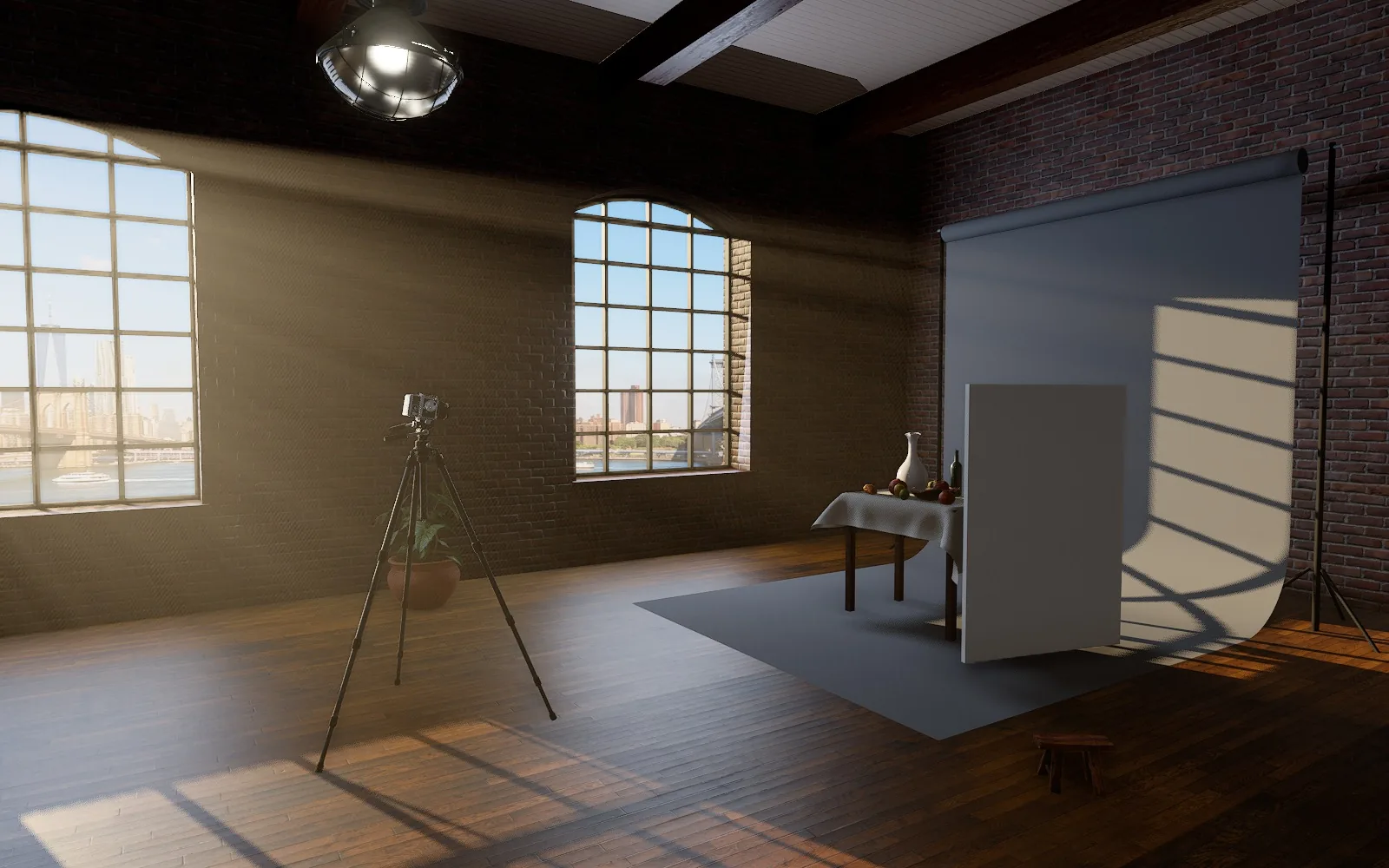A medium-format film camera on a tripod in a brick loft, late sun streaming through arched windows onto a still life on grey paper, lower Manhattan across the river